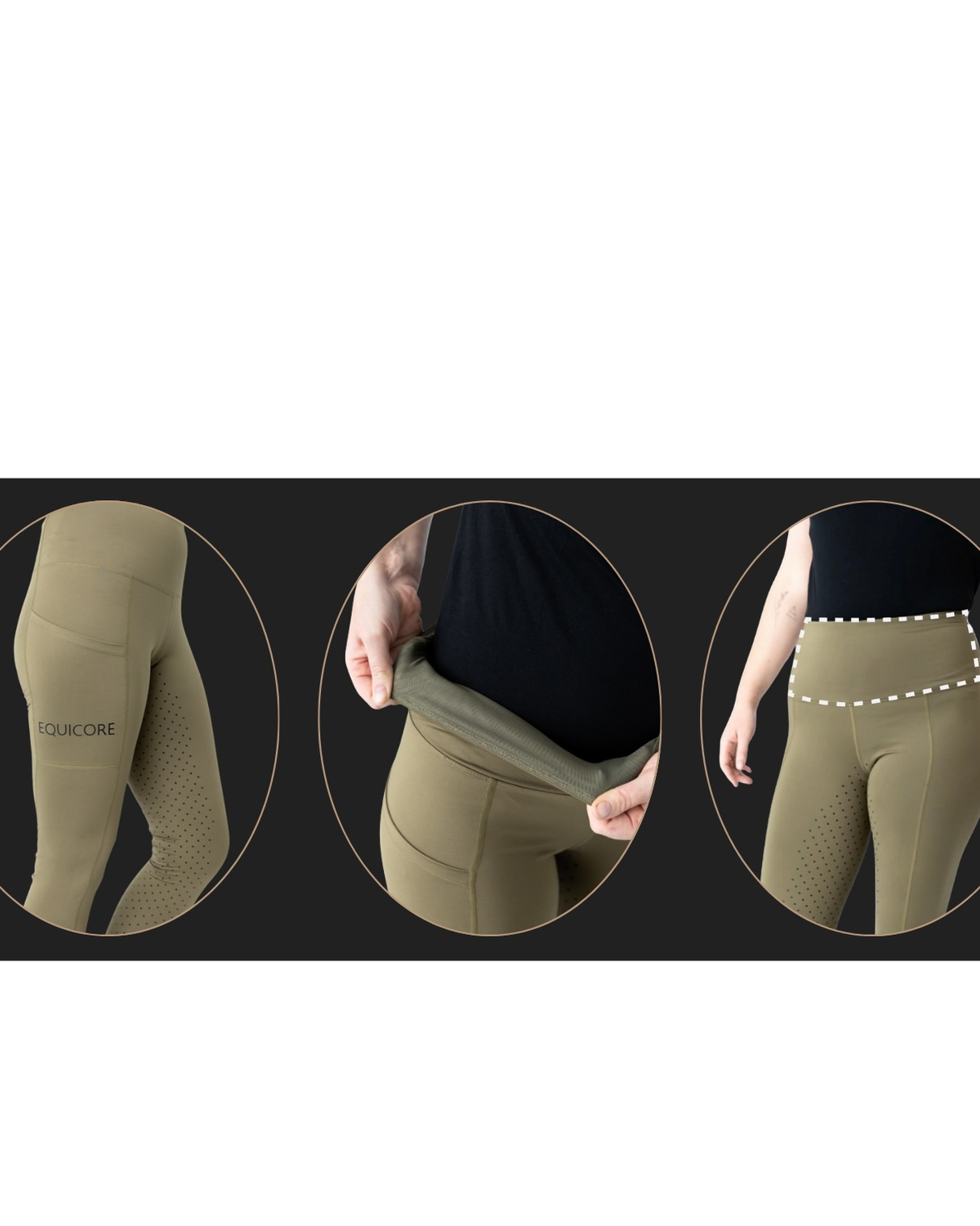 EQUICORE olive tights showing phone pocket, inner power mesh and supportive waistband