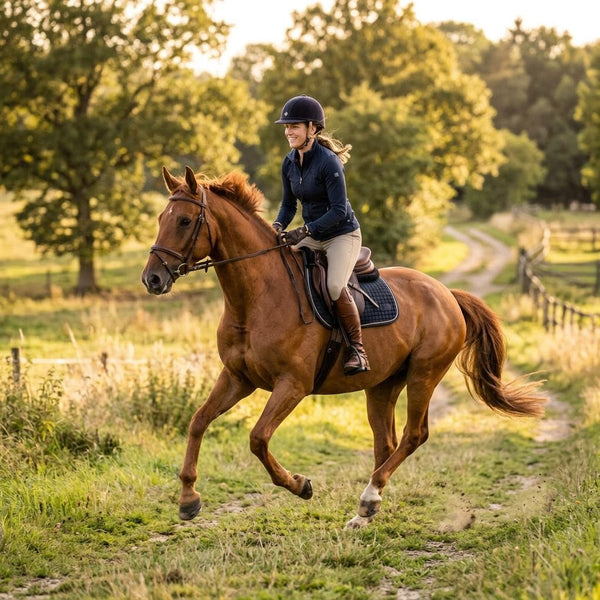 Rider cantering through open country in EQUICORE tights